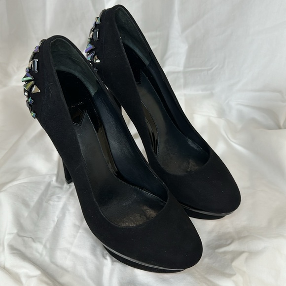 BRIAN ATWOOD Black Suede & Crystal Embellished Platform Heels Ferranta size 7 US - Picture 5 of 11